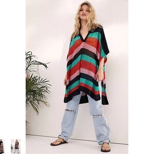NEW Bayside Stripe Crochet Poncho Sweater Black Combo One Size